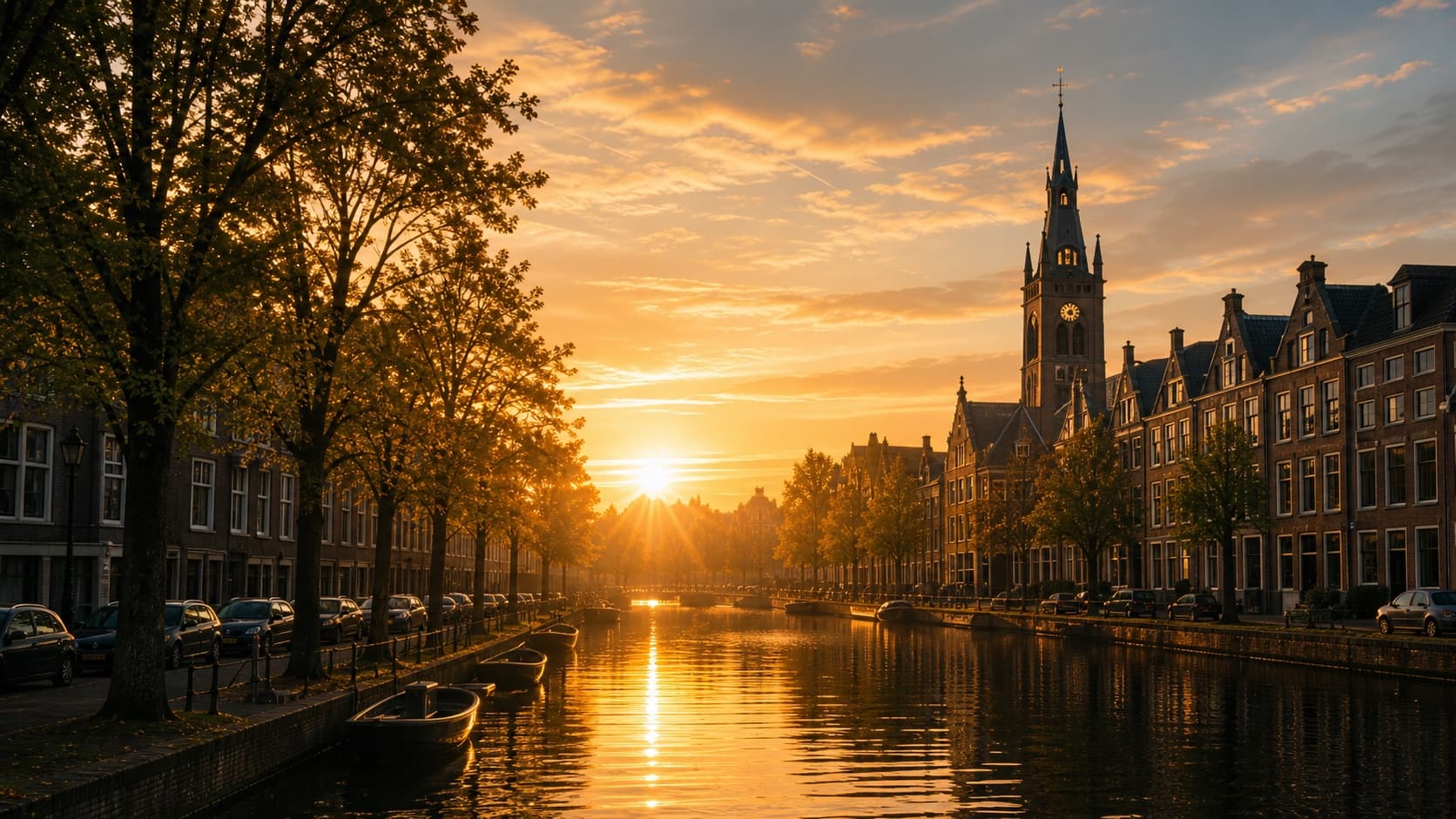 Sunrise over the Rapenburg canal in historic Leiden