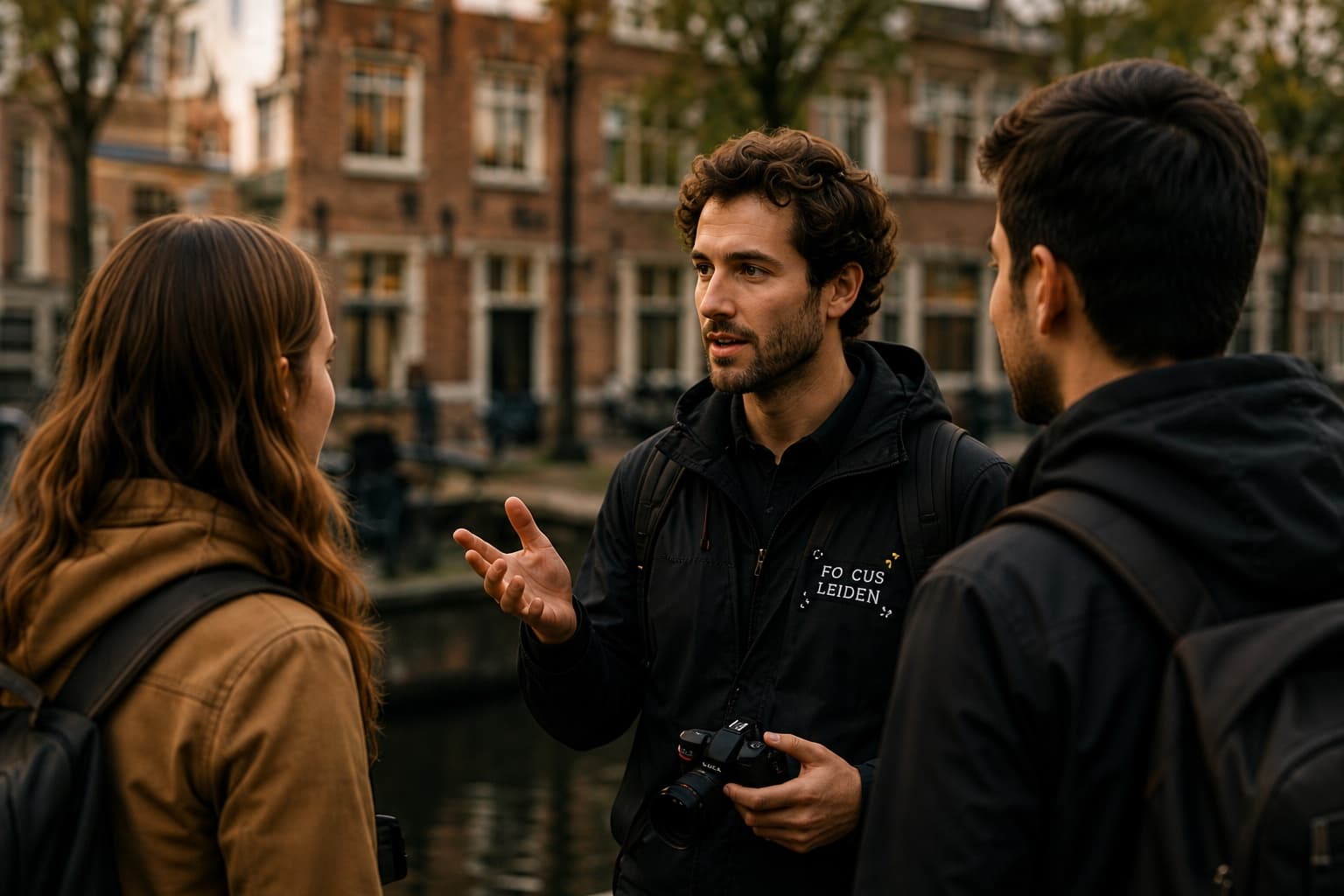 Guide explaining composition during a small-group Leiden photo walk