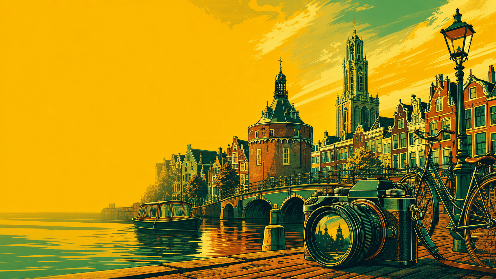 Illustrated Leiden canal, landmarks, bicycle, and camera